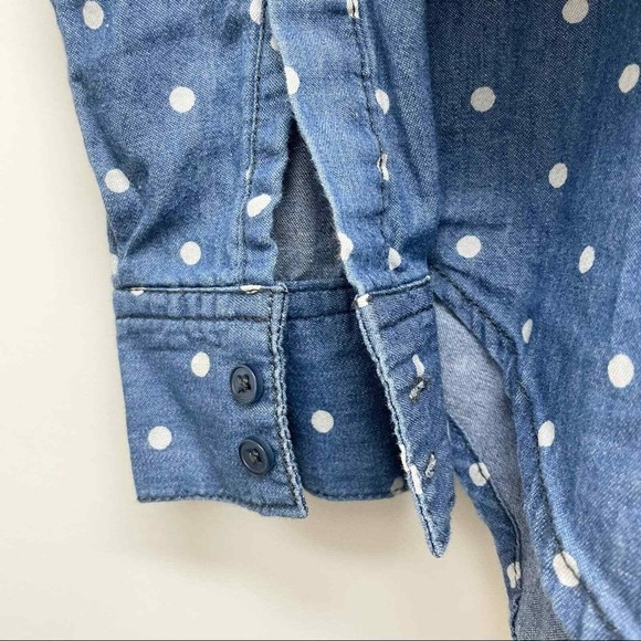 Free Heart Denim Shirt Blue White Polka Dot Long Sleeve Button Down Casual - Picture 5 of 5